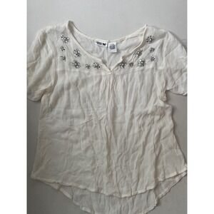 BOHO White Sheer Rayon Blouse Sequin Pearl Floral Embellished Top L 14